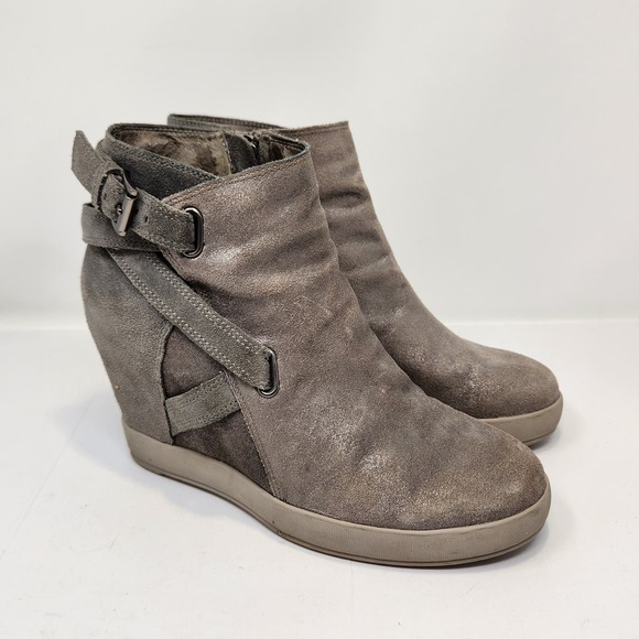 Eileen Fisher Zest Metallic Gray Beige Leather Wedge Ankle Booties Size 6 Zipper - Picture 1 of 9